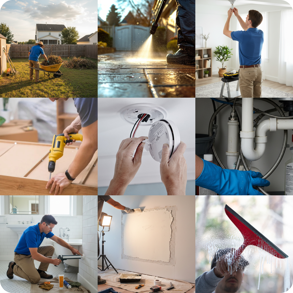 Havenside handymen performing yard work, power washing, light installs, drilling, smoke alarm installs, plumbing repairs, bathroom caulking, drywall patching, and window cleaning