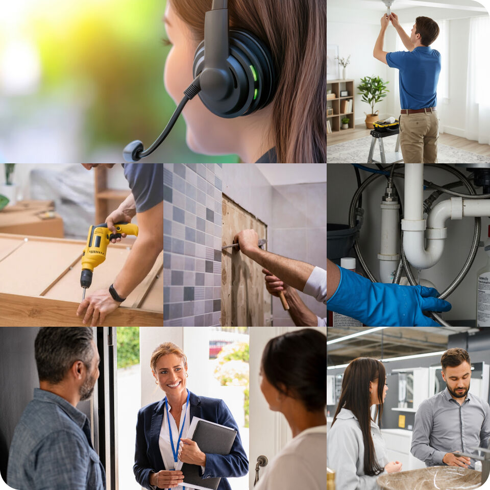 Collage representing customer care, installation, repair, and sales careers
