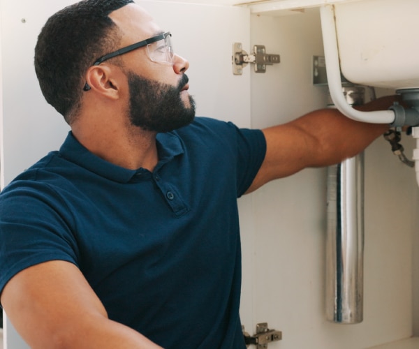 Construction worker working on plumbing under sink